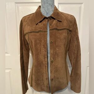 Identity Camel Brown Button Suede Leather Shirt Jacket Shacket Sz 8 Exc. Cond.